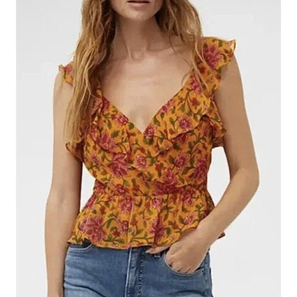 Veronica Beard sz. 10 / M Randa Floral Ruffle Silk Blouse Orange Boho Romantic